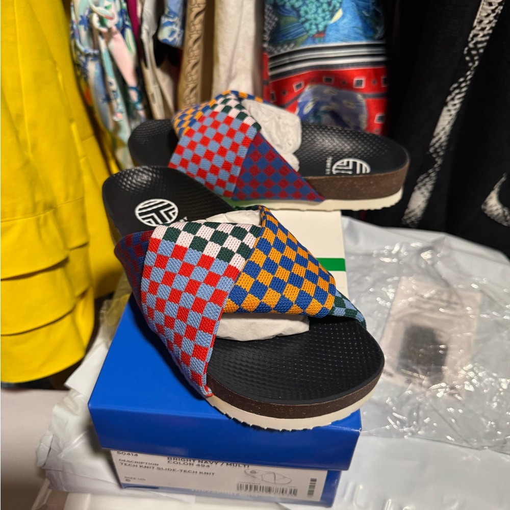 Tory Sport Multicolor Checkered Crisscross Slide Sandals